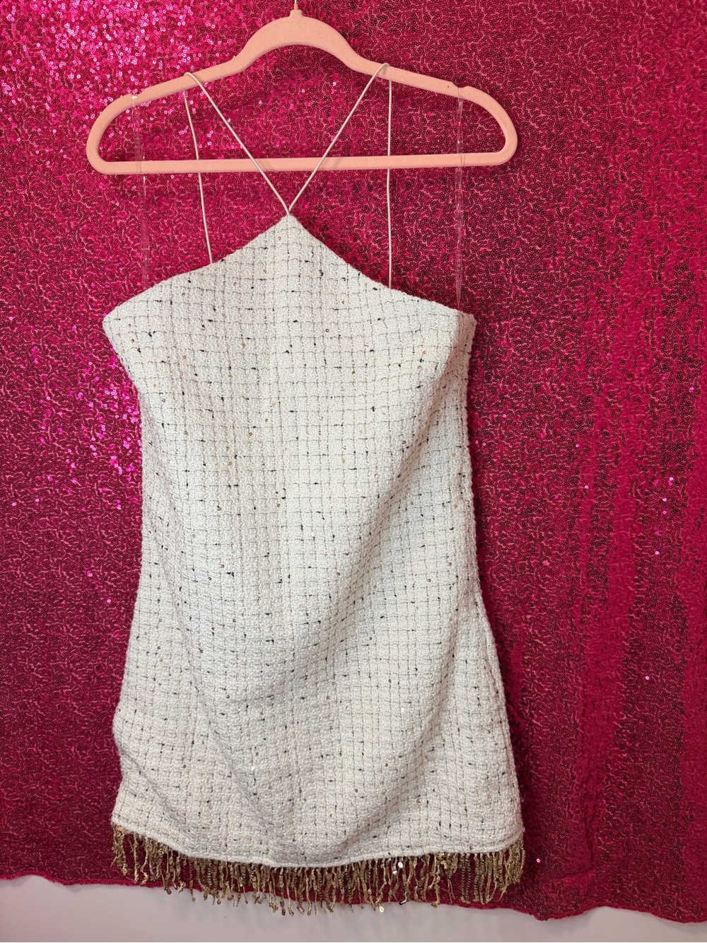 entro Cream Tweed Halter Mini Dress with Gold Fringe